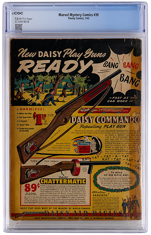 1943 Timely Comics Marvel Mystery Comics #39 Human Torch & Toro Cover - CGC 1.5