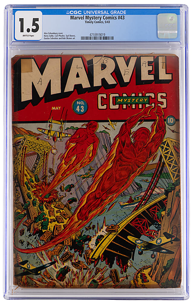 1943 Timely Comics Marvel Mystery Comics #43 Alex Schomburg Cover Featuring Torch & Toro - CGC 1.5