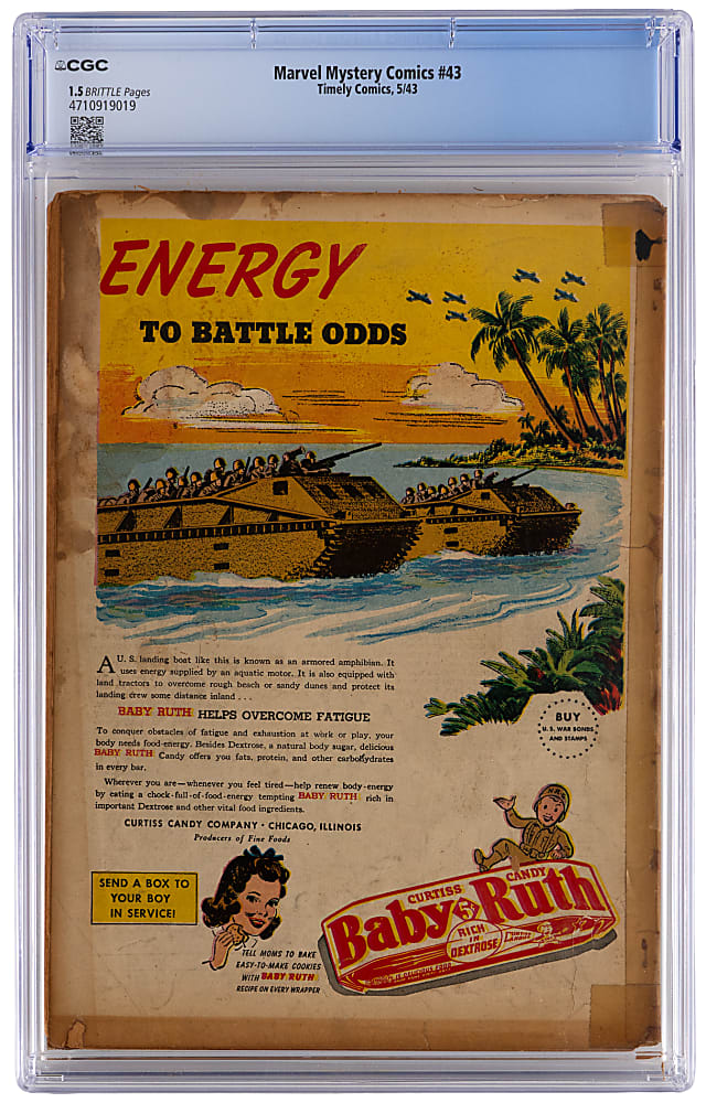 1943 Timely Comics Marvel Mystery Comics #43 Alex Schomburg Cover Featuring Torch & Toro - CGC 1.5
