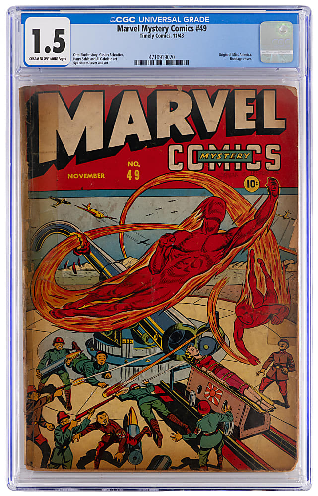 1943 Timely Comics Marvel Mystery Comics #49 Origin of Miss America, Bondage Cover - CGC 1.5