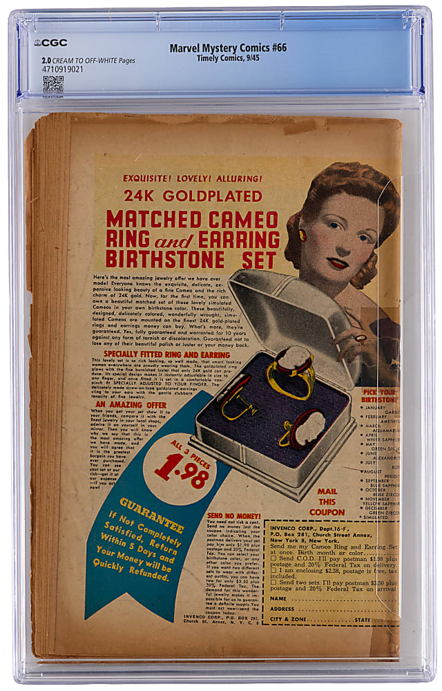 1945 Timely Comics Marvel Mystery Comics #66 Last Japanese War Cover - CGC 2.0