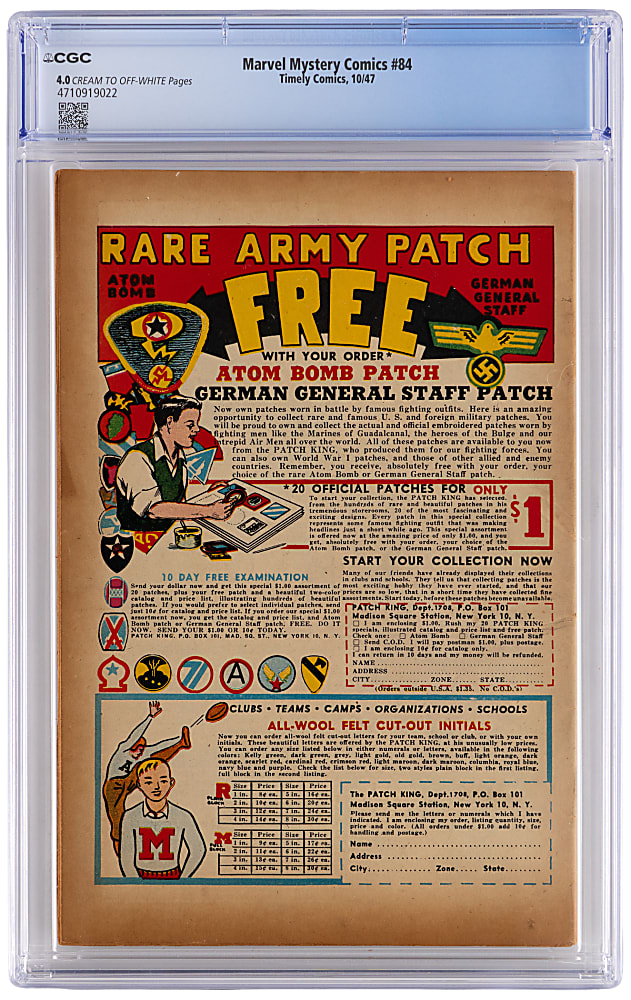 1947 Timely Comics Marvel Mystery Comics #84 Captain America, Human Torch, Sub-Mariner & Blonde Phantom Cover - CGC 4.0
