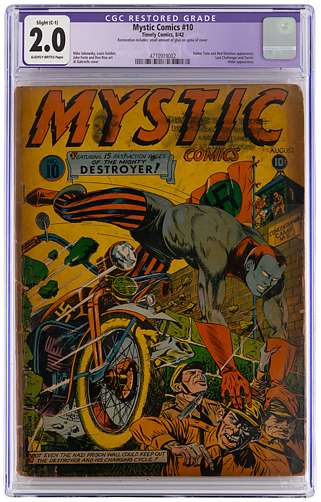 1942 Timely Comics Mystic Comics #10 Al Gabrielle Cover Featuring the Destroyer - CGC 2.0 Restored