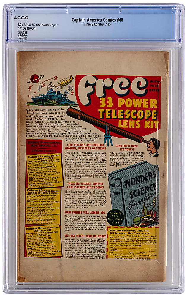 1945 Timely  Comics Captain America Comics #48 New York Subway Cover by Alex Schomburg - CGC 2.0