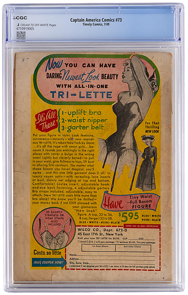 1949 Timely Comics Captain America Comics #73 Golden Girl Appearance - CGC .5