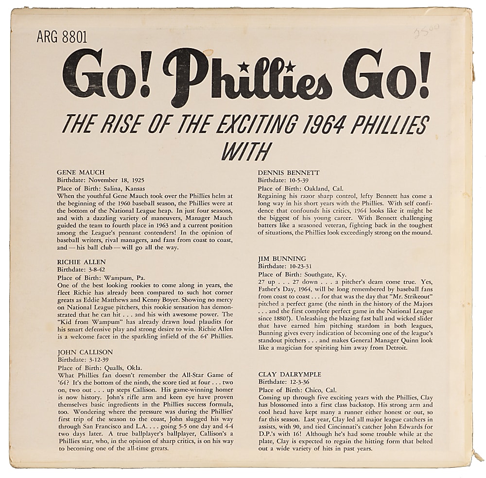 1964 Philadelphia Phillies Multi-Signed "Go! Phillies Go!" Record Album with (6) Signatures Including Bunning & Allen