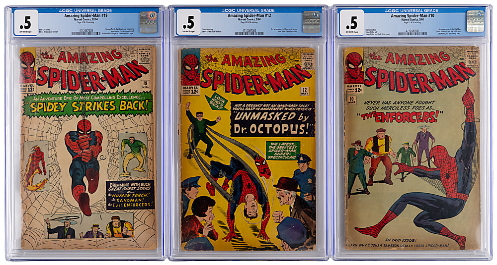 1964 Marvel Comics Amazing Spider-Man Early Issues (3) with #10 First Enforcers, #12 Third Dr. Octopus & #19 Second Ned Leeds - All CGC .5
