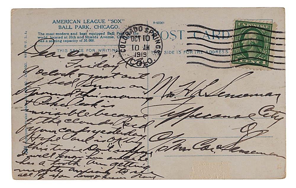 1919 Comiskey Stadium "Black Sox" Postcard - Mailed Day After Final World Series Game!