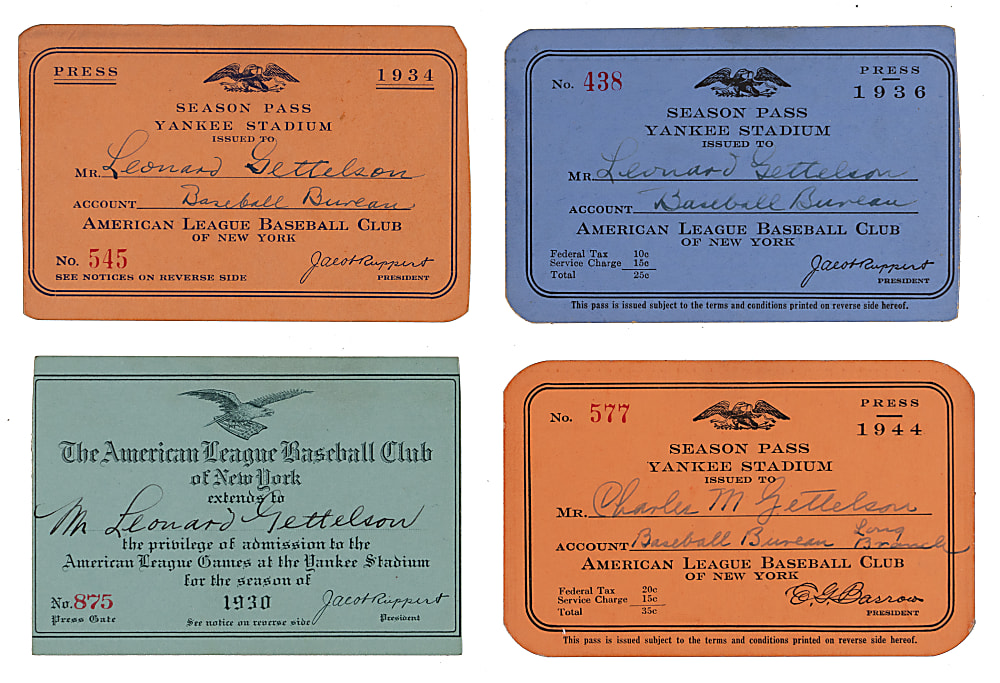1930-1944 New York Yankees Press Season Passes (4) with 1936 World Series Champions/DiMaggio Rookie Season
