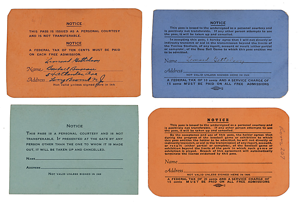 1930-1944 New York Yankees Press Season Passes (4) with 1936 World Series Champions/DiMaggio Rookie Season