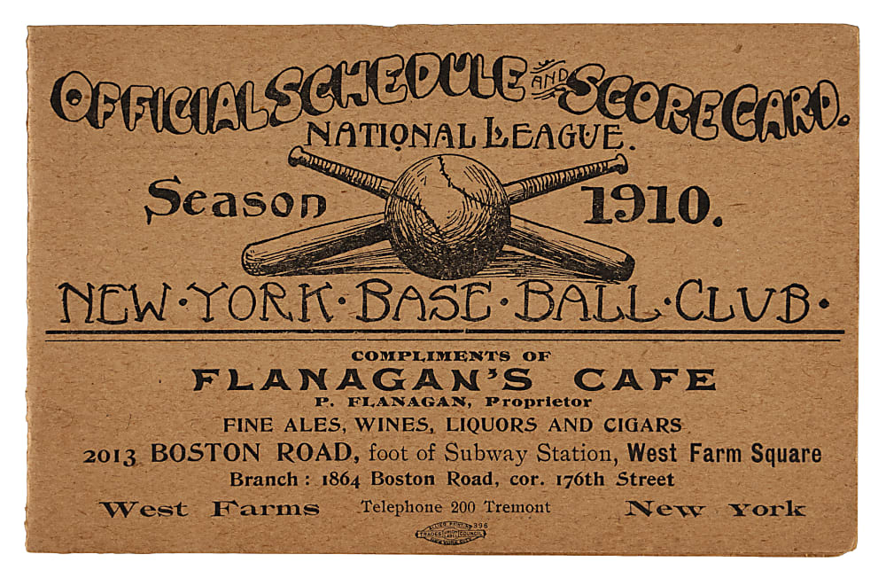 Rare 1910 New York Giants Official Schedule and Scorecard