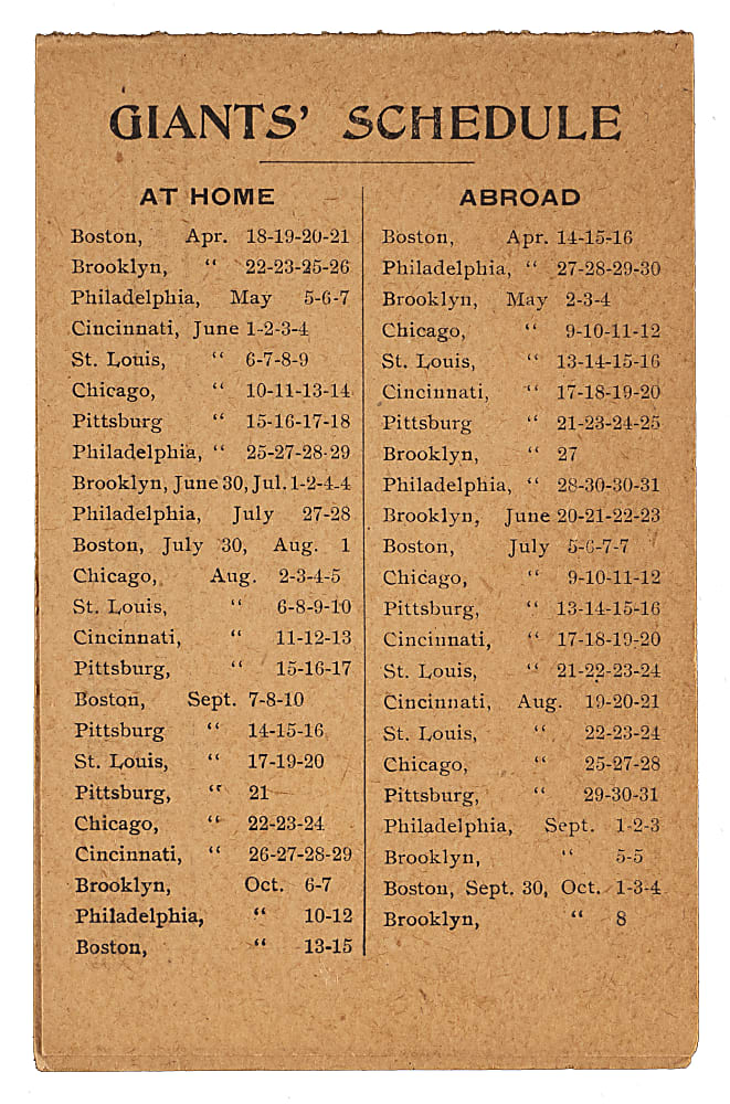 Rare 1910 New York Giants Official Schedule and Scorecard