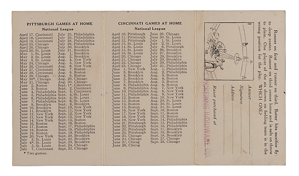 1913 Durham-Duplex razor Co. Pittsburgh Pirates/Cincinnati Reds Pocket Schedule with Christy Mathewson Endorsement