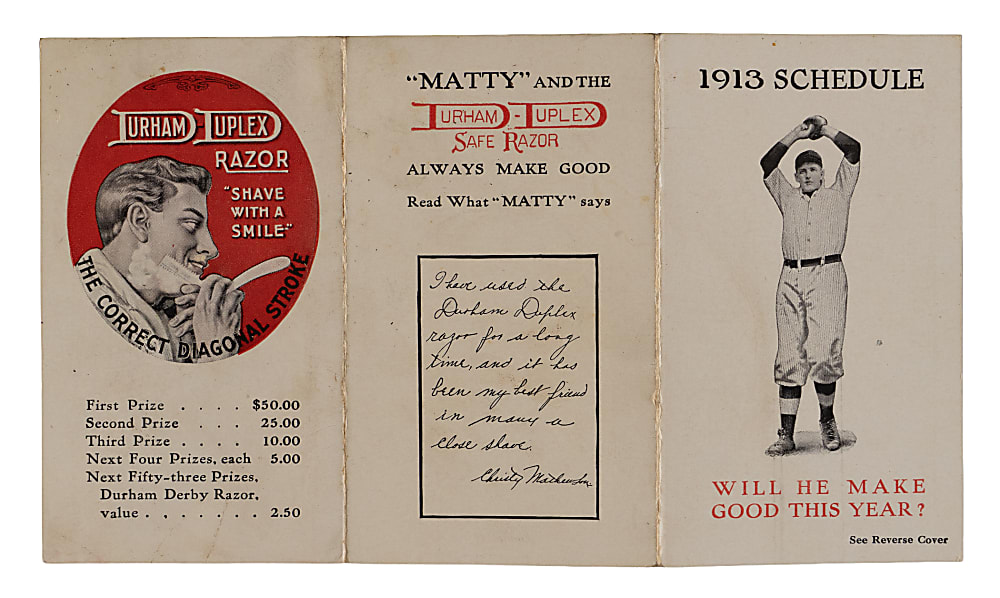 1913 Durham-Duplex razor Co. Pittsburgh Pirates/Cincinnati Reds Pocket Schedule with Christy Mathewson Endorsement