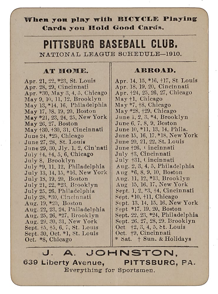 1910 Pittsburgh Pirates Playing Card Schedule