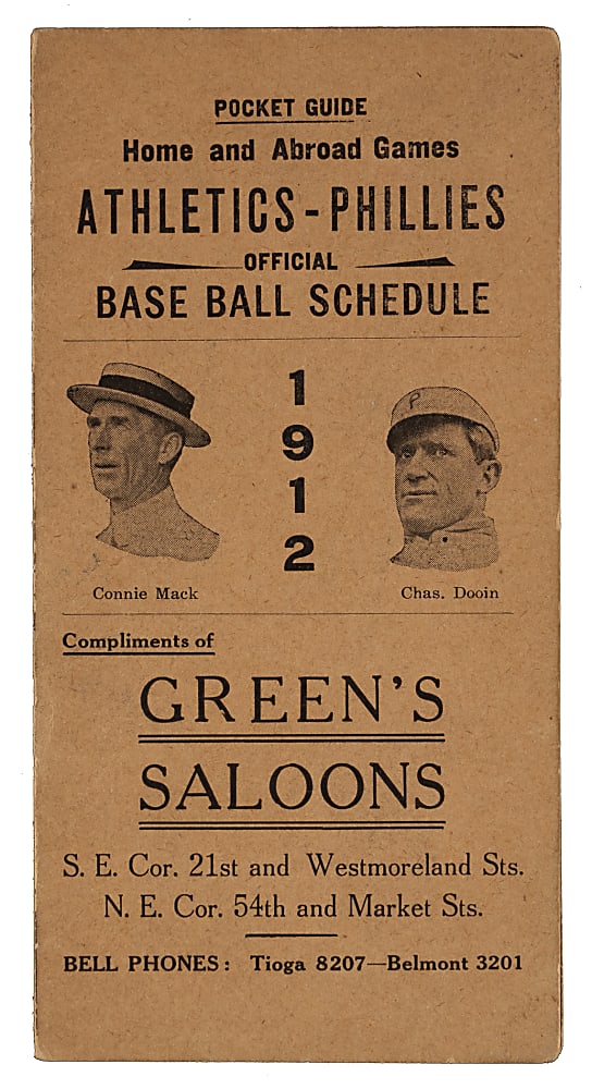 1912 Philadelphia Athletics-Phillies Pocket Schedule with Connie Mack and Red Dooin Cover