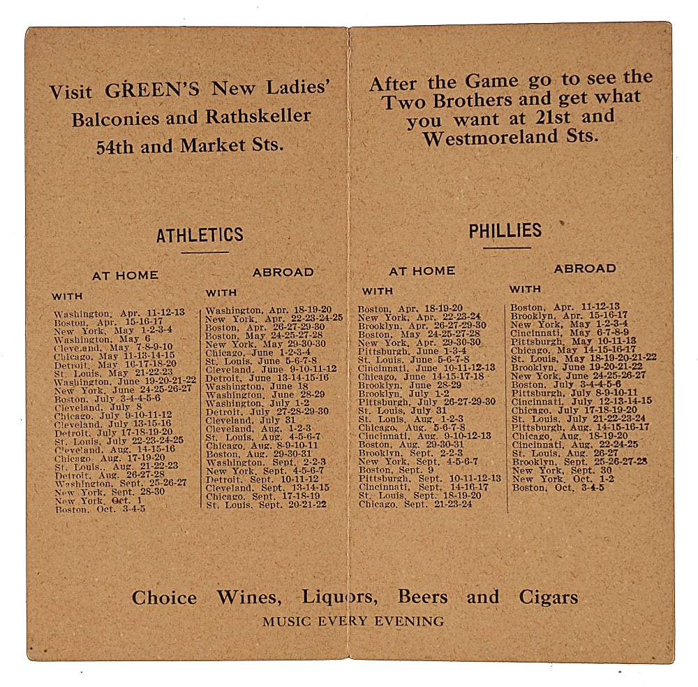 1912 Philadelphia Athletics-Phillies Pocket Schedule with Connie Mack and Red Dooin Cover