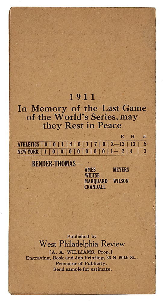1912 Philadelphia Athletics-Phillies Pocket Schedule with Connie Mack and Red Dooin Cover