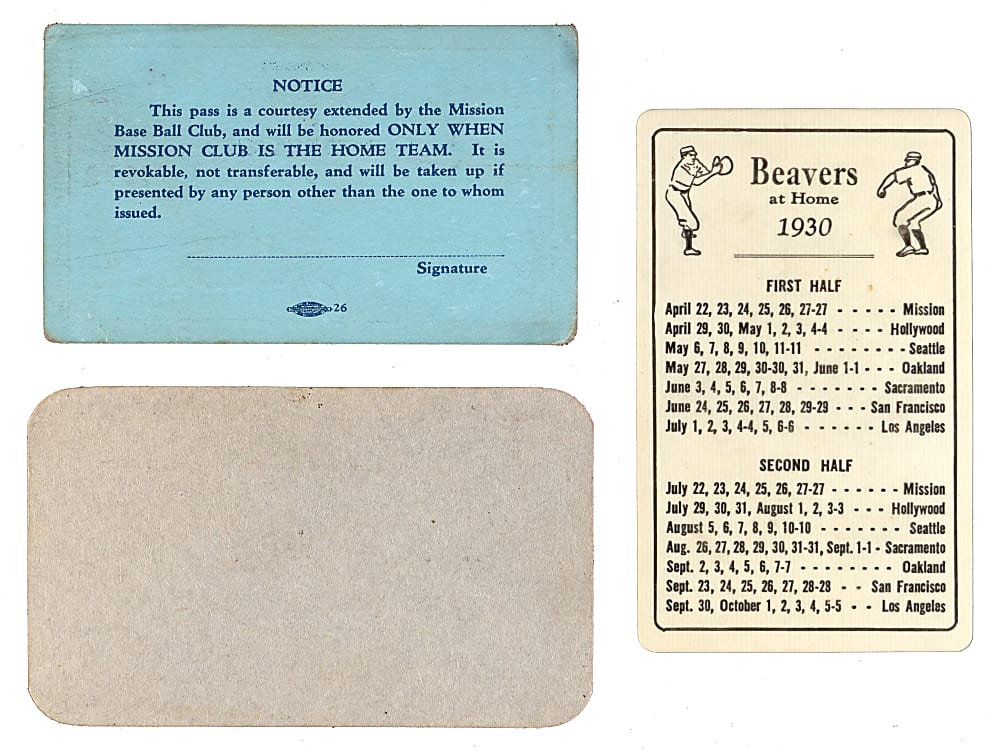 1930-1932 Pacific Coast League Season Passes Trio