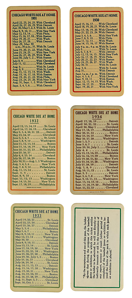 1930-1937 Chicago White Sox Celluloid Schedule/Season Passes Group (6)