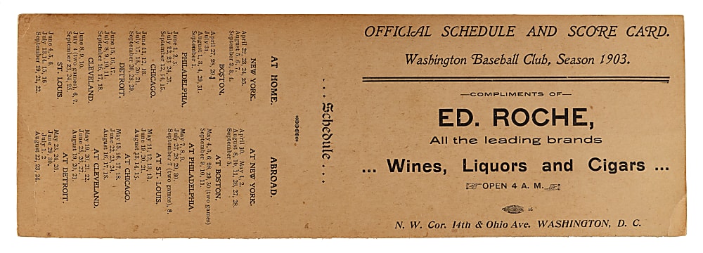 Scarce 1903 Washington Senators Unfolded Season Schedule & Scorecard