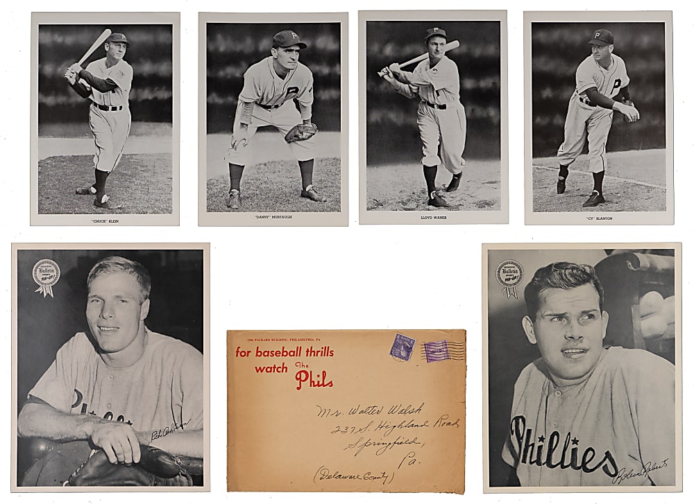 1942 Philadelphia Phillies Picture Pack Photos (26) with Original Mailer Plus 1950 Phillies Bulletin Partial Set (11/24) Including Richie Ashburn & Robin Roberts