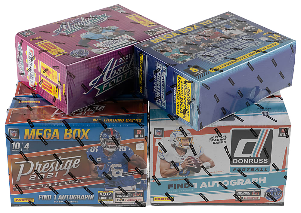 2021 Football Mega Box Factory Sealed Collection (6) with Absolute, Contenders, Donruss & Prestige