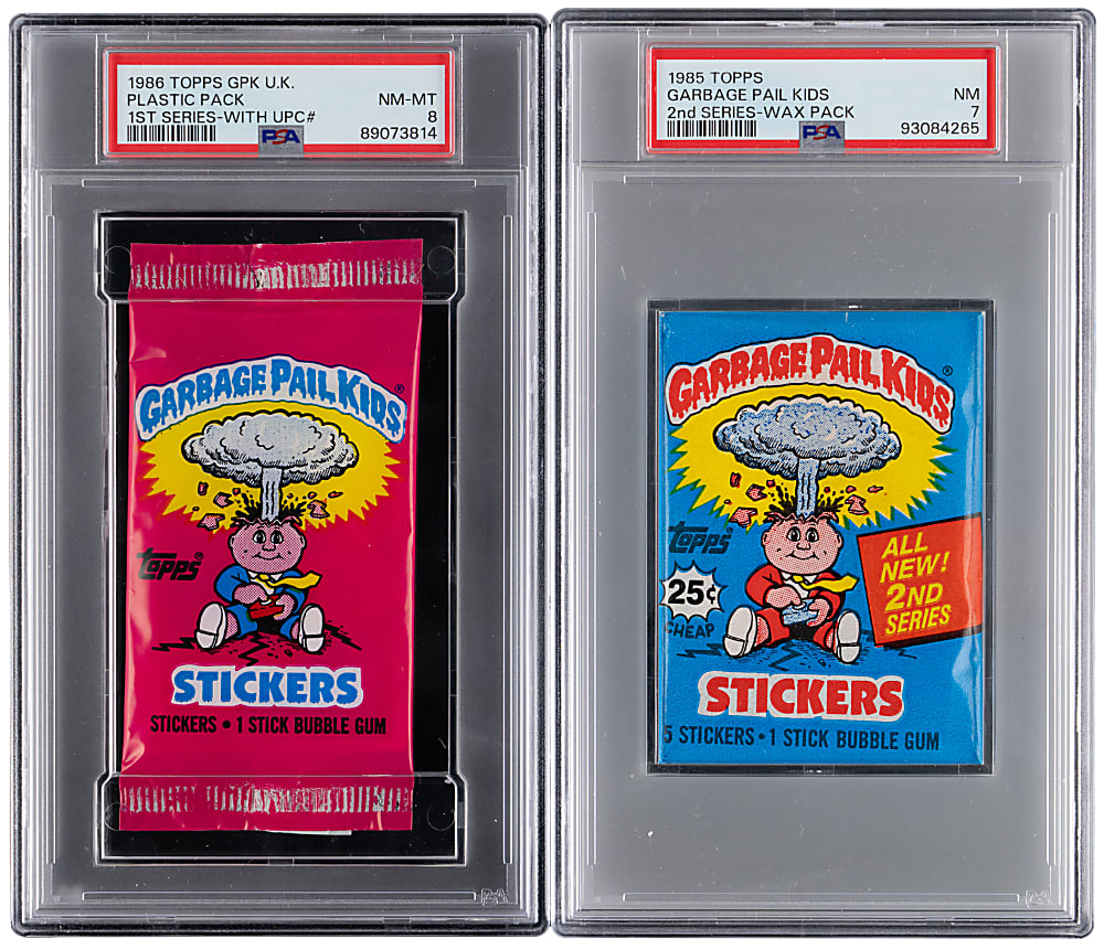 1985 & 1986 Topps Garbage Pail Kids Unopened Wax Pack PSA Graded Pair with U.K. Version