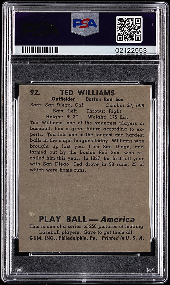 1939 Play Ball #92 Ted Williams Rookie PSA NM 7