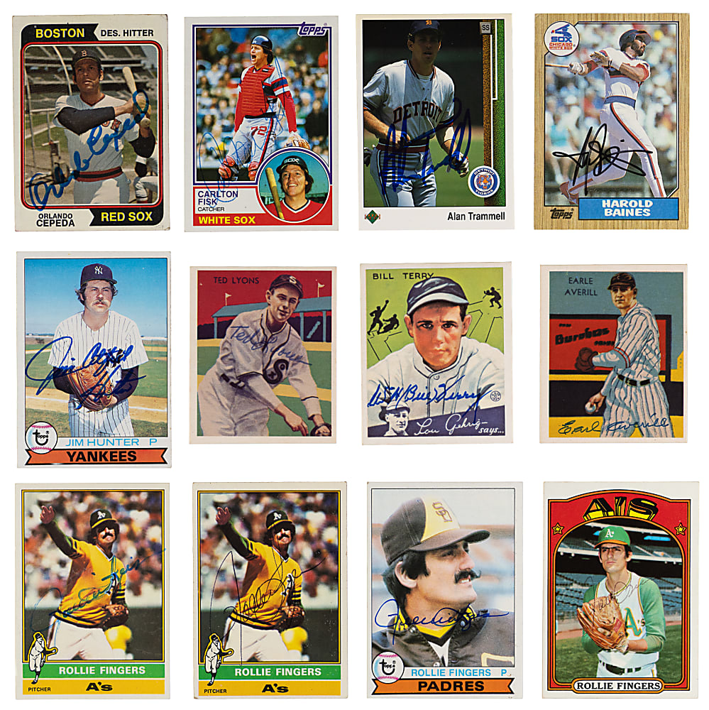 1972-1989 Mostly Hall of Fame Signed Cards (31) with Catfish Hunter & Bill Terry