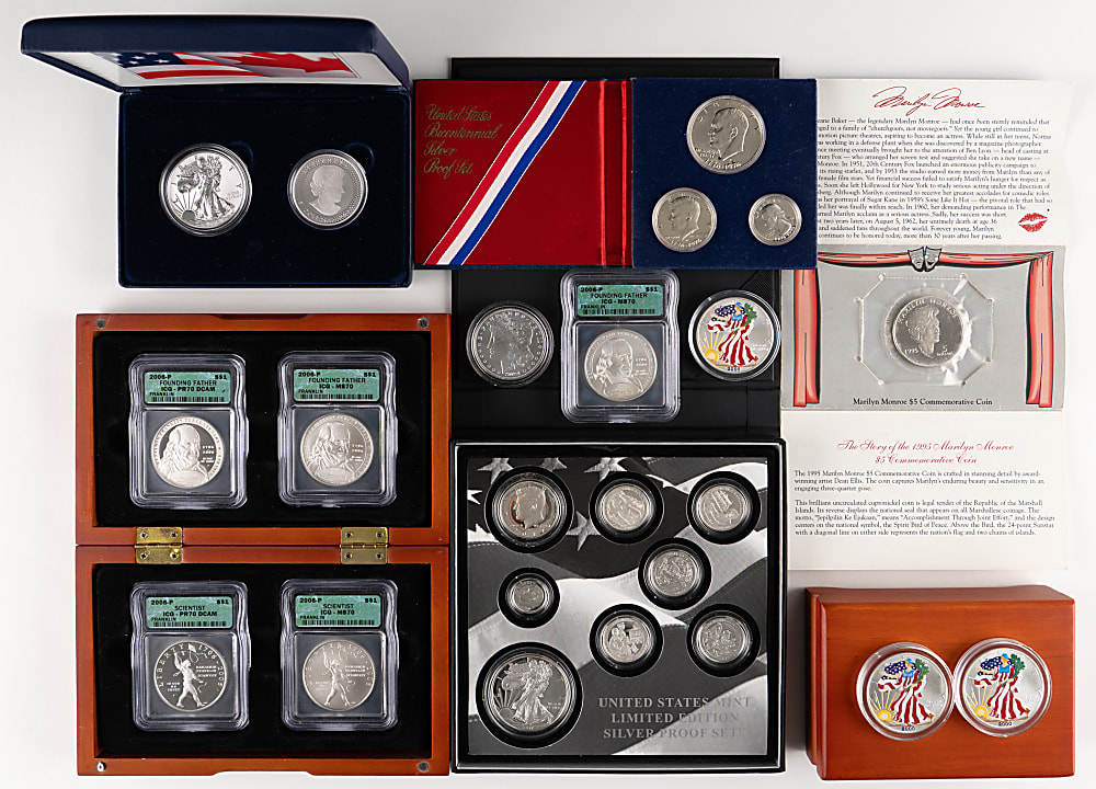 1976-2021 Silver Commemorative and Bullion Coin Sets (4) & Singles (6) with 2017 U.S. Mint Limited Edition Silver Proof Set