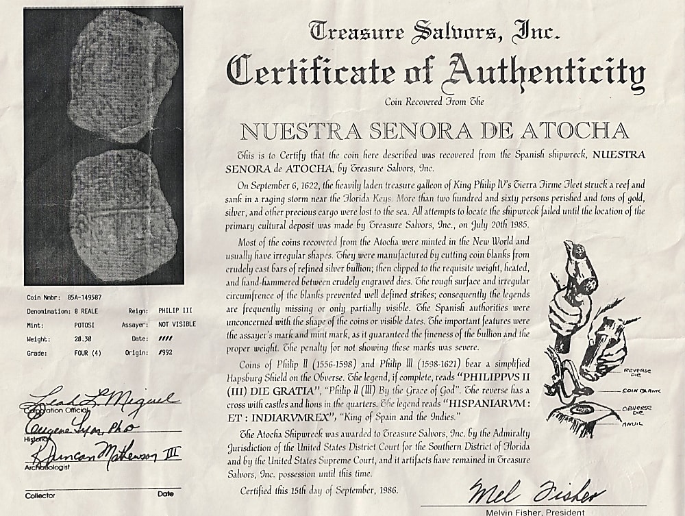 1622 Atocha Shipwreck 8 Reales Silver Coin - Treasure Salvors COA