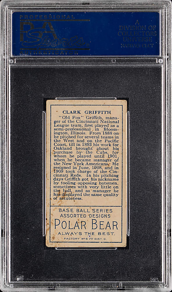 1911 T205 Gold Border Clark Griffith PSA VG-EX 4 - Polar Bear Back
