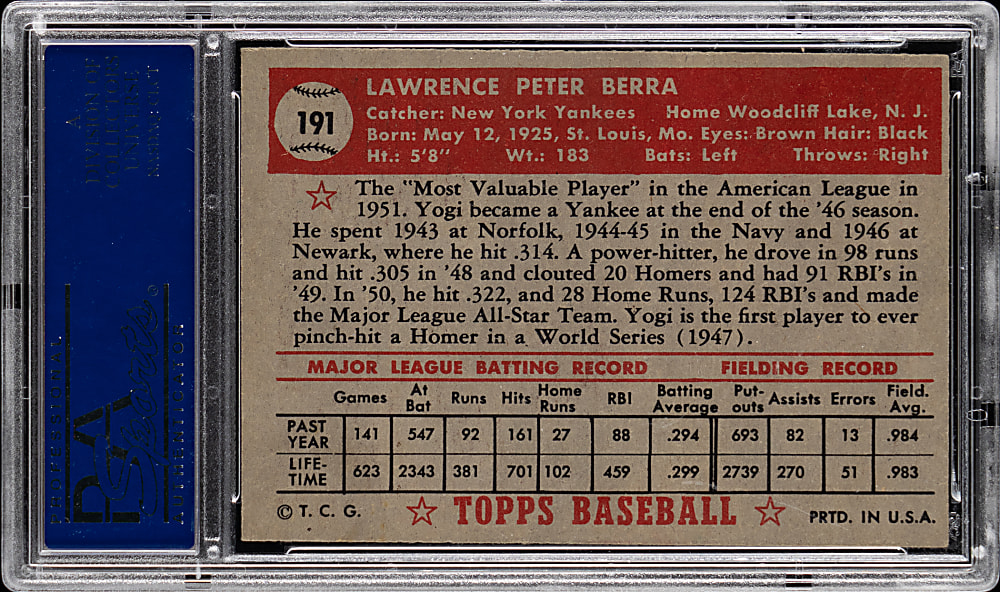 1952 Topps #191 Yogi Berra PSA EX-MT 6