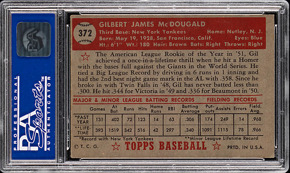 1952 Topps #372 Gil McDougald Rookie High Number PSA EX 5