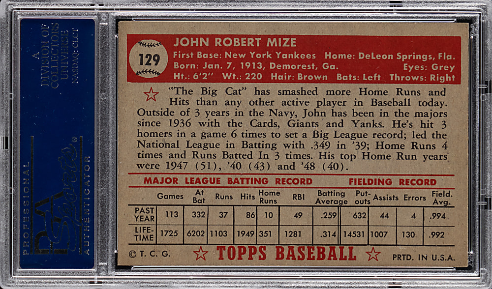 1952 Topps #129 Johnny Mize PSA NM 7