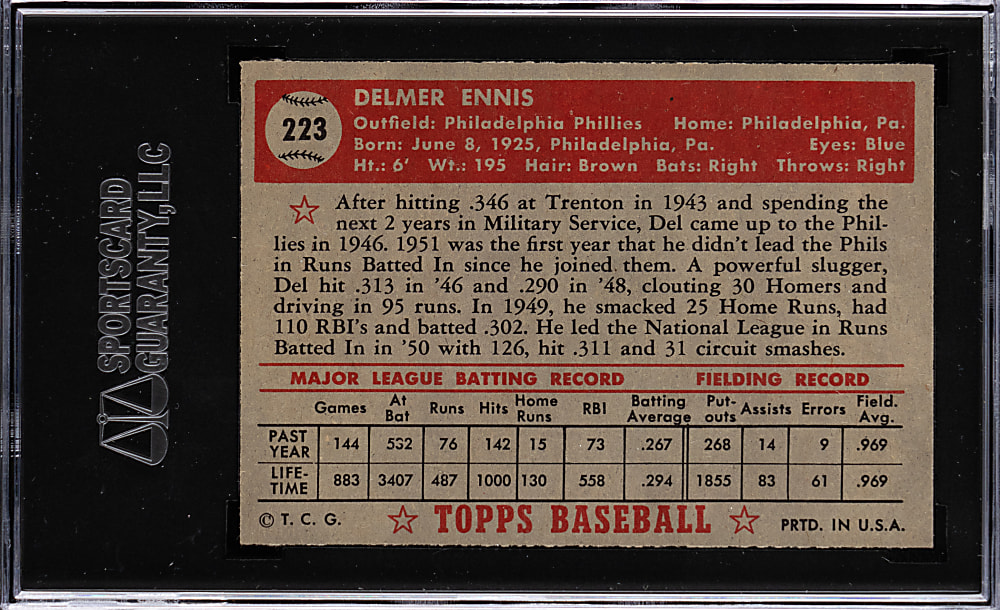 1952 Topps #223 Del Ennis SGC NM/MT 8