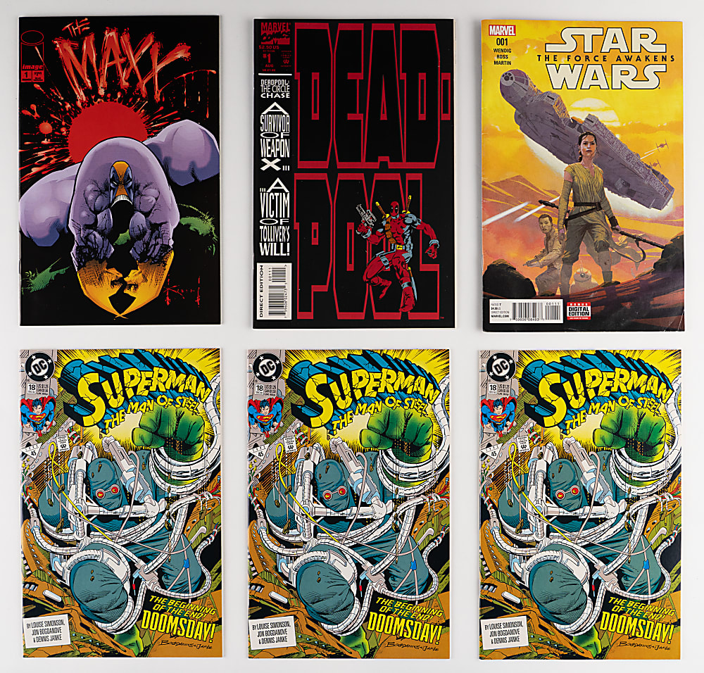 1970s-2010s Comic Book Treasure (100+) with Man of Steel #18 1st Doomsday (2), Deadpool #1, The Force Awakens  #1 & The Maxx #1