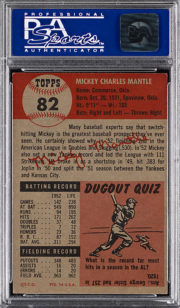 1953 Topps #82 Mickey Mantle PSA EX-MT 6 (oc)