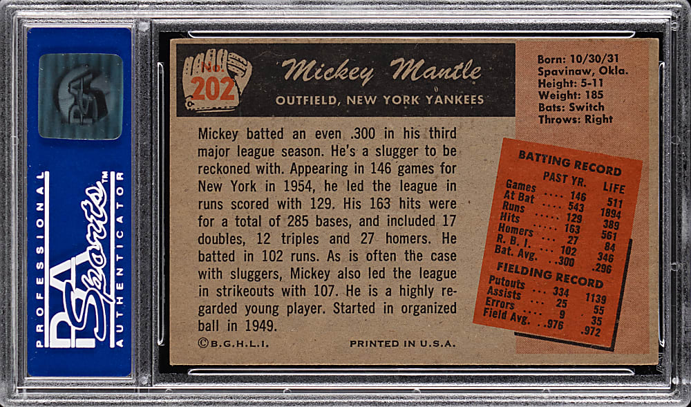 1955 Bowman #202 Mickey Mantle PSA EX-MT 6