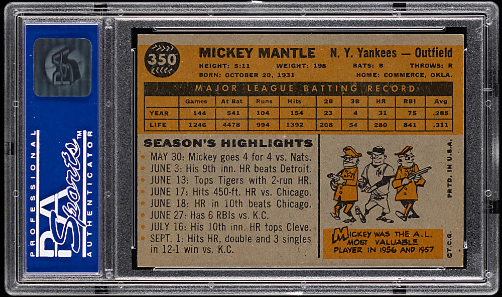 1960 Topps #350 Mickey Mantle PSA NM 7