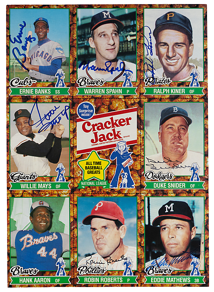 1982 Cracker Jack All Time Baseball Greats Uncut Card Panel Signed by (7) with Mays & Banks
