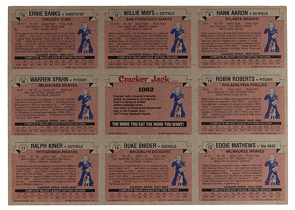 1982 Cracker Jack All Time Baseball Greats Uncut Card Panel Signed by (7) with Mays & Banks