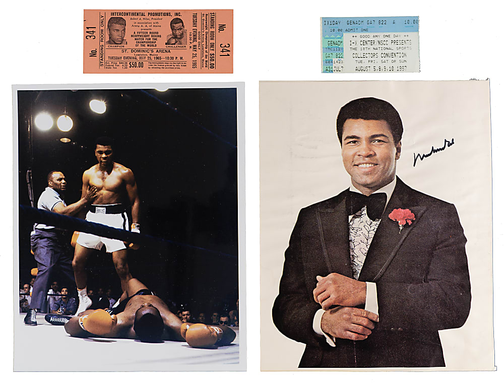 1965 Muhammad Ali vs. Sonny Liston II Full Ticket Plus Ali Signed Photo from 1997 National Convention