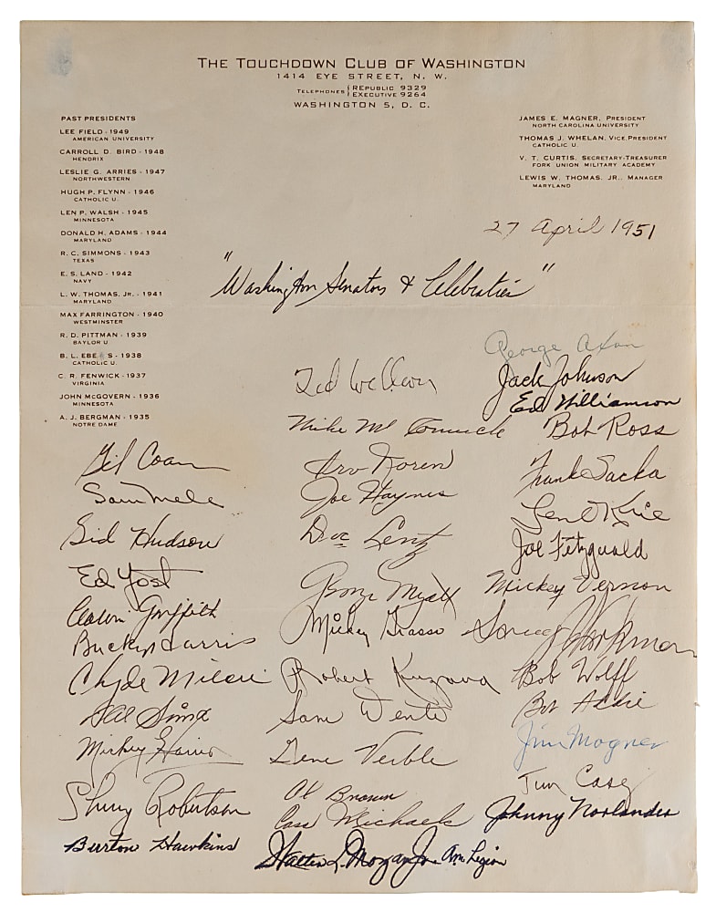 1951 Washington Senators & Celebrities Multi-Signed Touchdown Club Sheet - (38) Signatures with Clyde Milan & Bucky Harris