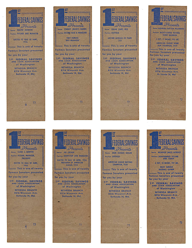 1959 1st Federal Savings Famous Washington Senators Matchbooks Complete Set (20)