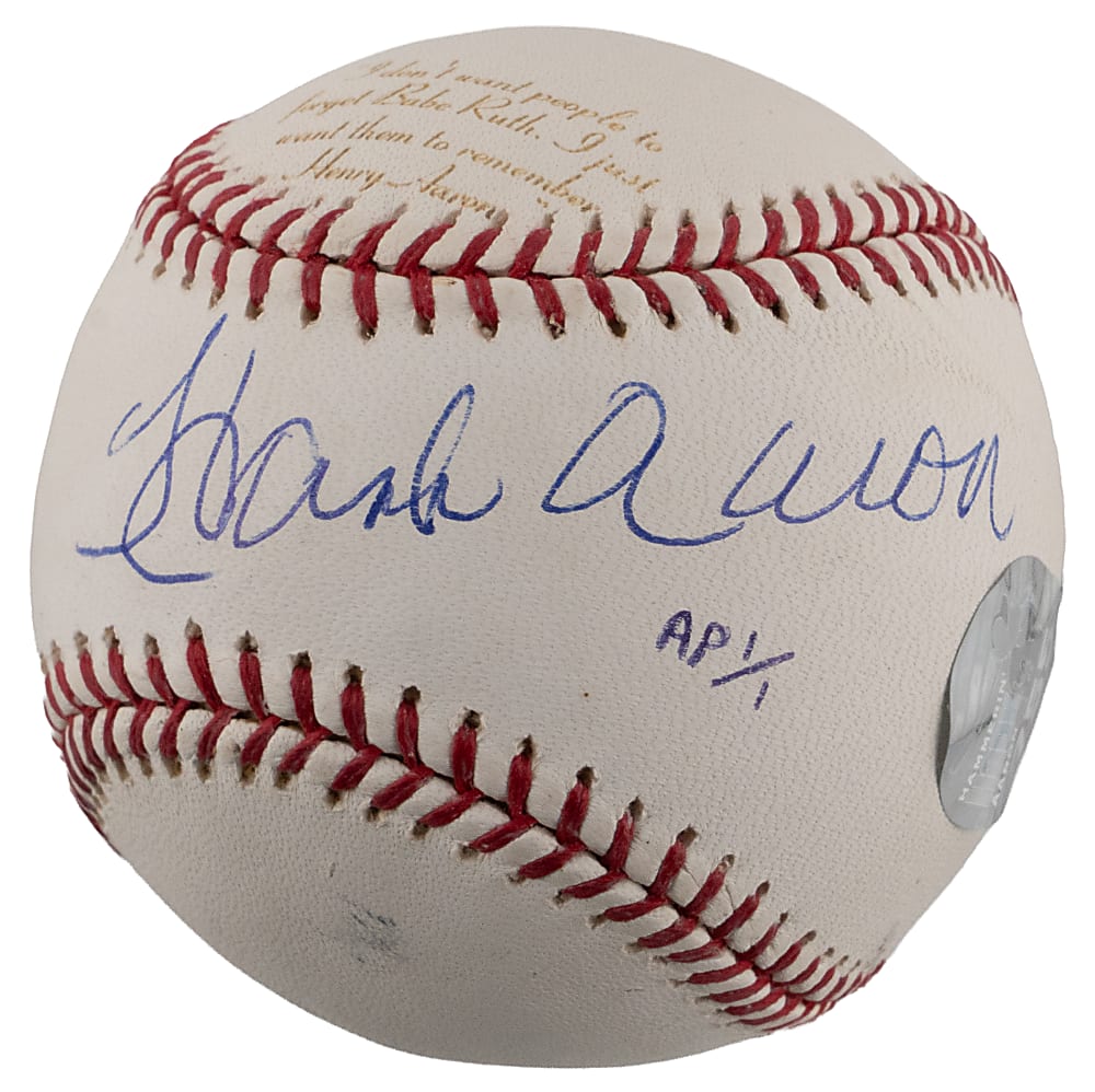 Hank Aaron Single-Signed "Legends of the Field" Artist Proof #1/1 Baseball with Babe Ruth Laser Etched Inscription Quote - Steiner