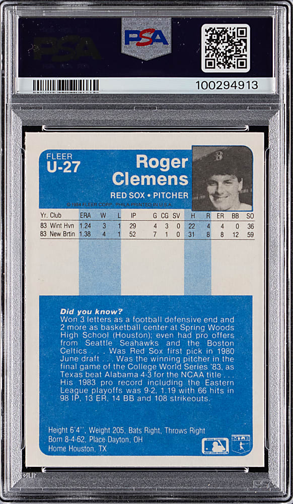 1984 Fleer Update #U-27 Roger Clemens Rookie PSA MINT 9