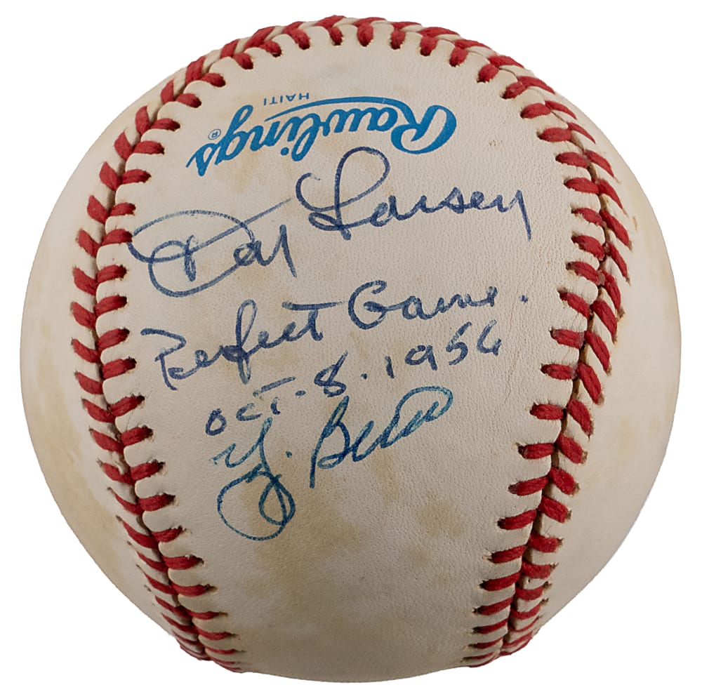 Don Larsen and Yogi Berra Dual-Signed OAL/Brown Baseball with "Perfect Game OCT-8-1956" Inscription