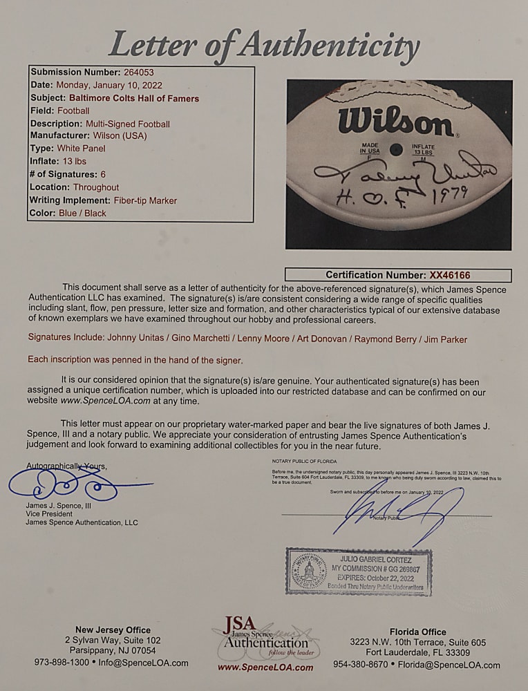 Baltimore Colts Hall of Famers Multi-Signed Football with (6) Autographs Plus Full JSA LOA - Presents as Single Signed Unitas with HOF Inscriptions